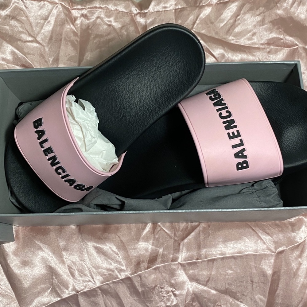 balenciaga pink/ black pool slides
